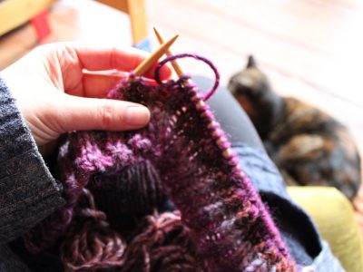 female hand holding knitting needles and yarn on her lap cat sitting in the back