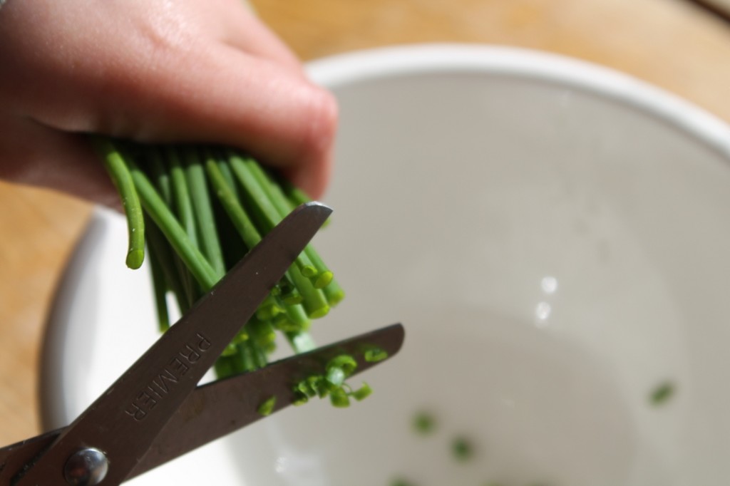 scissors cutting chives into a bowl - how to make cream cheese