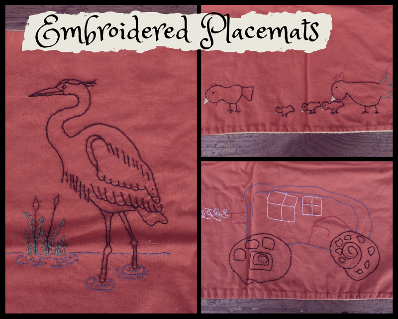 embroidered placemats with heron and childrens drawings