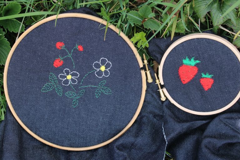 embroidered strawberries on embroidery hoop