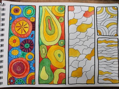 colourful doodle paintings in sketchbook