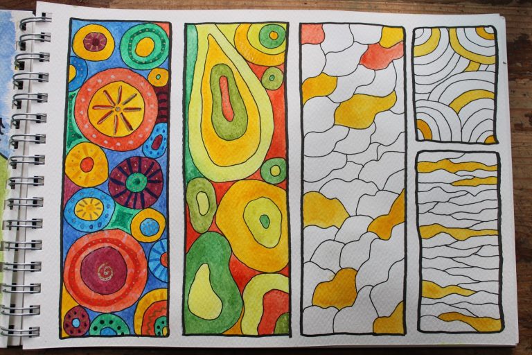 colourful doodle paintings in sketchbook