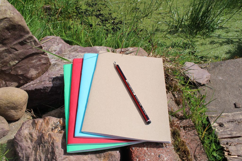 four sketchbooks in different colours and a pencil next to a pond