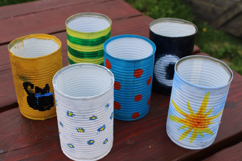 painted tin cans