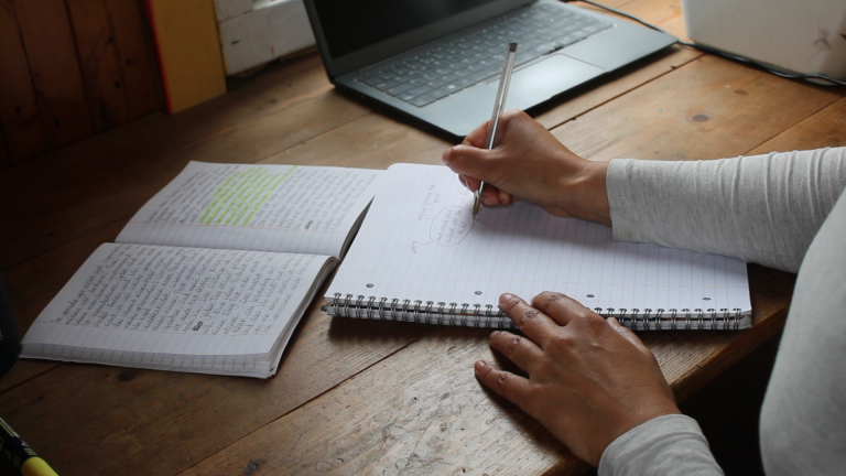 female hands writing into a notebook