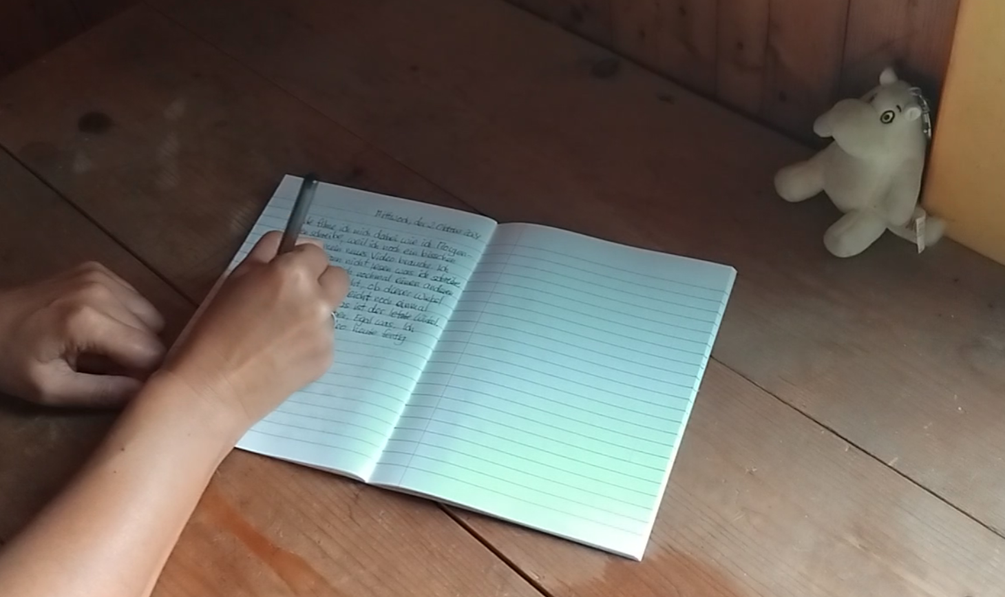 A person writing in a notebook on a wooden table, with a small stuffed animal in the background.