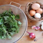 wild herbs, eggs, onion and garlic