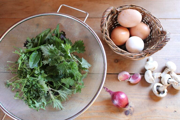 wild herbs, eggs, onion and garlic